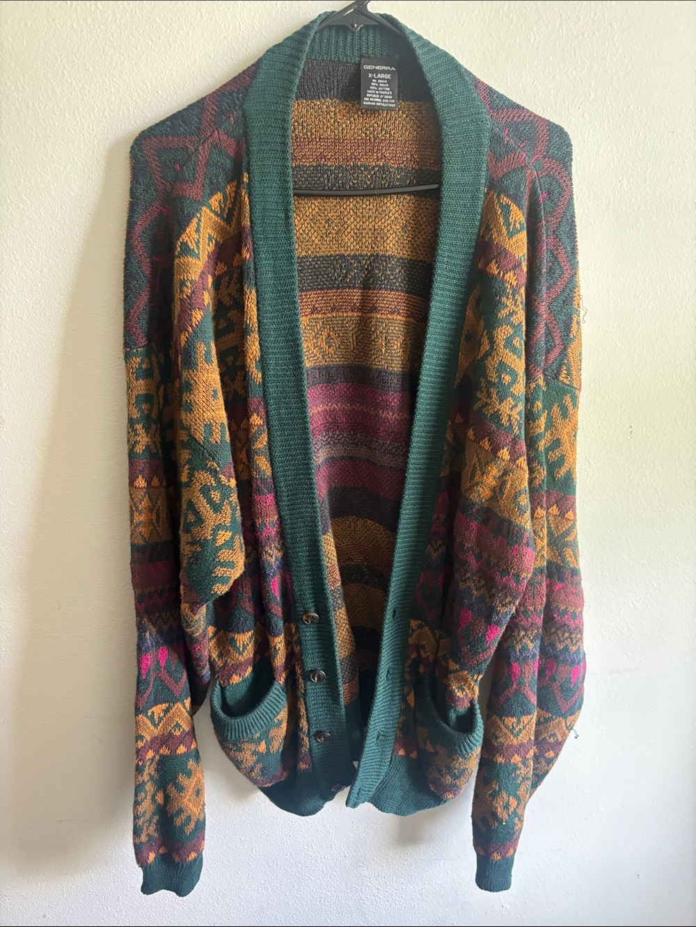 GENERRA Multicolor Patterned Button-Up Cardigan Sweater - Green/Gold/Purple/Pink